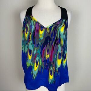 Trina Turk Blue Black Silk Watercolor Tank Top XS